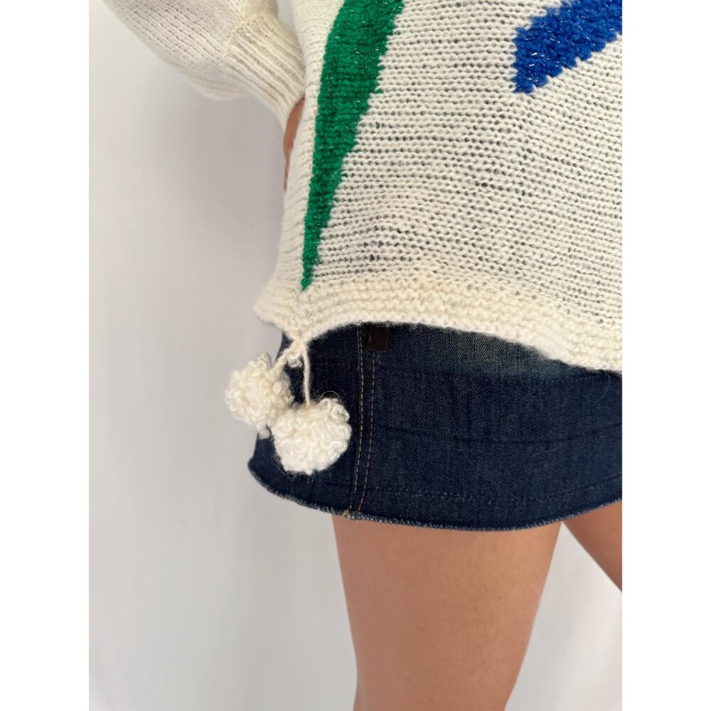 80s vintage colorful sparkly floral abstract print knit sweater with pom poms - Picture 9 of 10